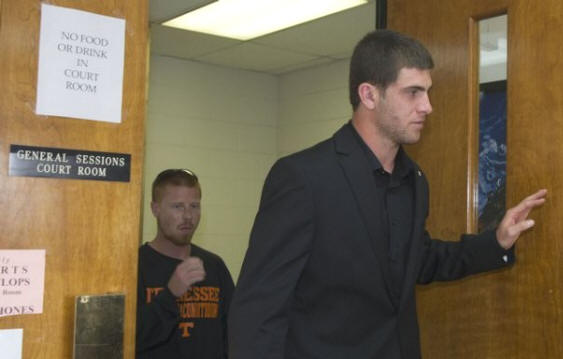 University of Tennessee quarterback Tyler Bray leaves Loudon County General Sessions after answering charges stemming from a July 4 personal watercraft incident Wednesday in Lenoir City. Bray agreed to either make three public appearances at schools where he will promote boater safety or make a public service television commercial. He also lost his boat-driving rights for a year, must take a boating training course and pay court costs. (J. MILES CARY/NEWS SENTINEL)
