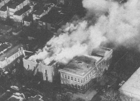 Overhead view of Our Lady of the Angels school at the height of the fire